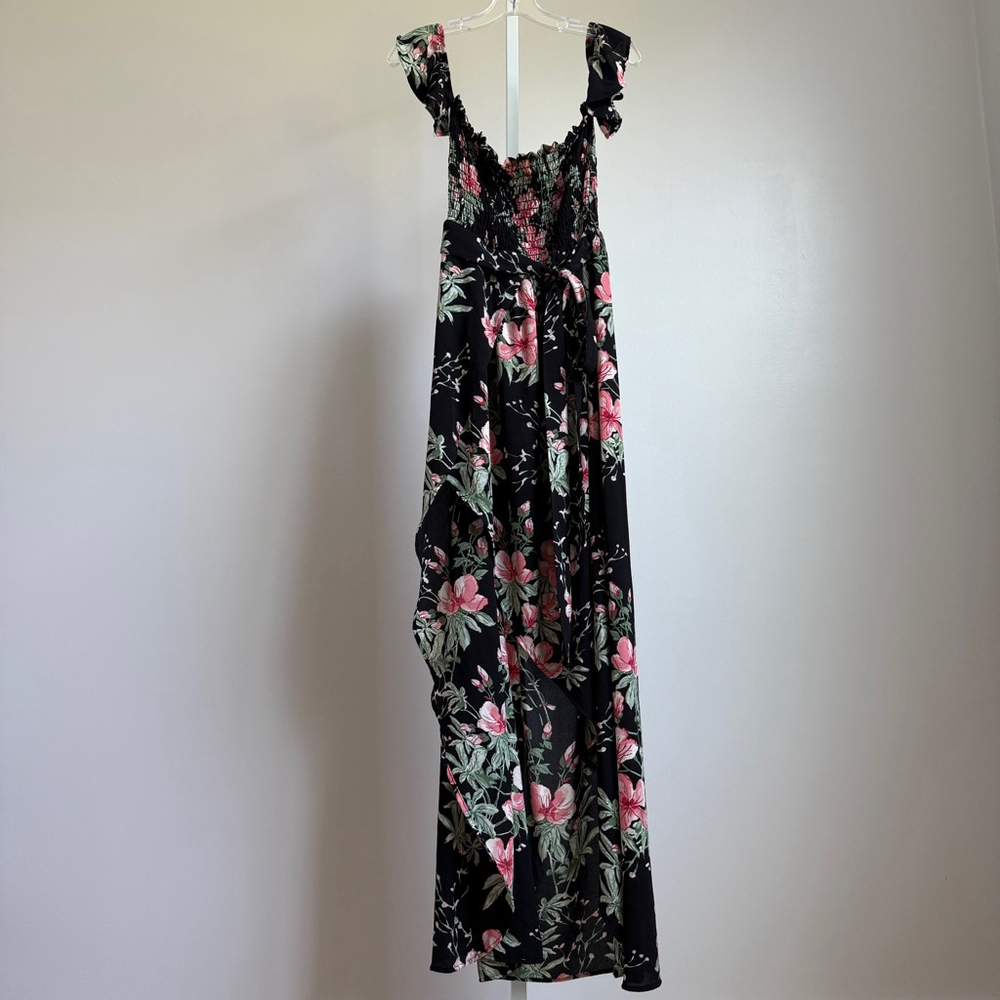 Privy Boho Beachy Floral Smocked‎ Ruffle High Low Maxi Dress Small Black